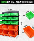 30 Bin Wall Mounted Hardware Organizer For Screws Nuts Bolts Nails And Small Parts with green and orange bins