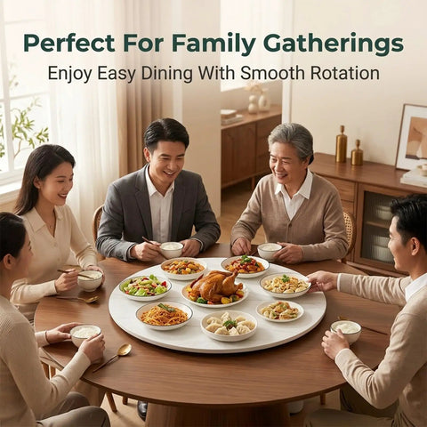 Family enjoying meal with Marble Turntable For Dining Table With 360 Degree Silent Spin, sintered stone serving tray.