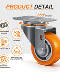 3 Inch Heavy Duty Swivel Caster Wheels Set Of Four Non Marking Polyurethane Treads On Aluminum Hubs showing 360° rotation and precision ball bearings.