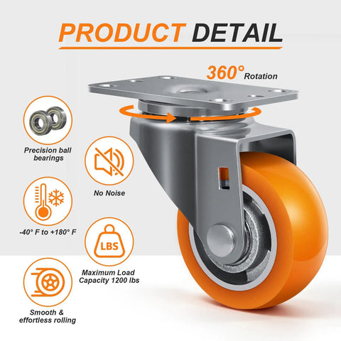 3 Inch Heavy Duty Swivel Caster Wheels Set Of Four Non Marking Polyurethane Treads On Aluminum Hubs showing 360° rotation and precision ball bearings.