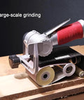 Heavy Duty Pneumatic Belt Sander Handheld Grinder Machine 7000 Rpm Adjustable Handle Angle on wooden surface for grinding.