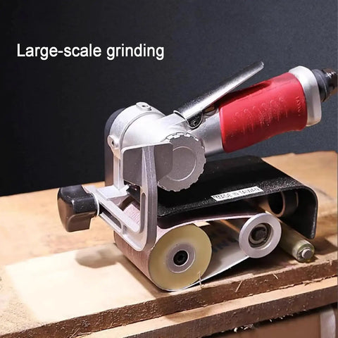 Heavy Duty Pneumatic Belt Sander Handheld Grinder Machine 7000 Rpm Adjustable Handle Angle on wooden surface for grinding.