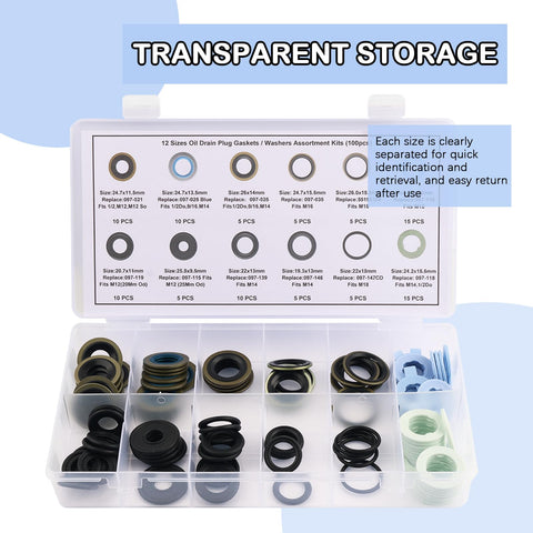 Oil Drain Plug Gasket Set 100 Pcs with 12 Sizes Metal Rubber Crush Washers in transparent storage box