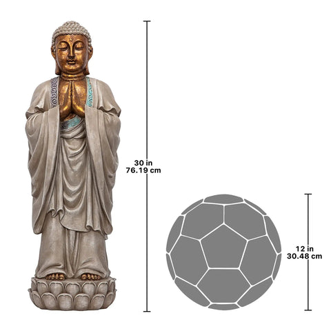 Asian Bodh Gaya Buddha Garden Statue, 30 Inch Tall Cast Stone Resin Sculpture With Faux Stone And Metallic Finish, 9 Inch Wide Hand Painted Outdoor Yard Decor For Zen Vibes On Your Patio next to size comparison.