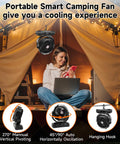 40,000mAh Battery Powered Camping Fan With Remote, 12-Inch Portable Personal Tent Fan, LED Lantern, shown in tent setting