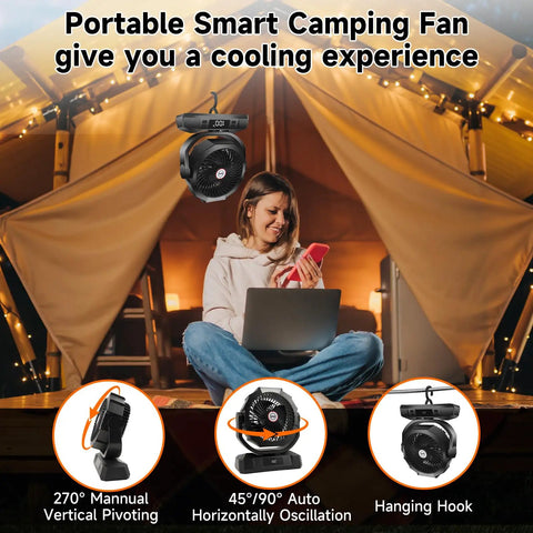 40,000mAh Battery Powered Camping Fan With Remote, 12-Inch Portable Personal Tent Fan, LED Lantern, shown in tent setting