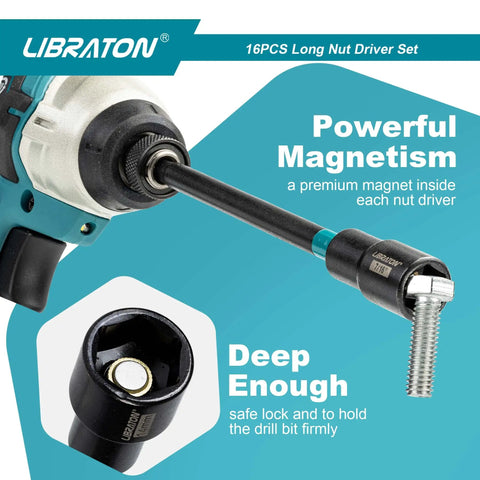 Close-up of Magnetic Nut Driver Set 16-Piece Long 6-Inch Shank for Impact Drill with bolt in hex shank