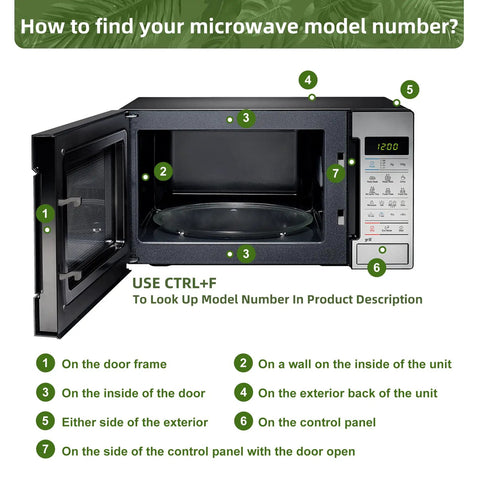 Diagram showing how to find your microwave model number with open door indicating various label positions