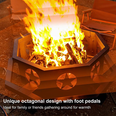 42 Inch Outdoor Fire Pit With Heavy Duty Wood Burning Design, Octagonal Patio Campfire Pit, glowing flames in backyard setting