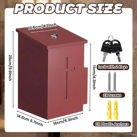 Built Tough Wooden Donation Box Keeps Church Offerings And Prayer Notes Totally Secure With Dual Keys And Smooth Hinged Lid Featuring Dark Mahogany Finish And Easy Mounting On Counters Or Walls dimensions and locking mechanism shown.