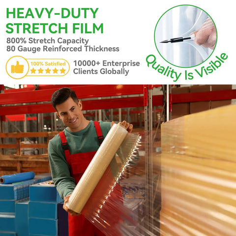 Heavy Duty 80 Gauge Plastic Stretch Wrap Roll 18 X 1500 Feet Hella Durable Shrink Film For Moving Shipping Pallet Wrapping And Furniture Protection 4 Pack With Non Slip Core in use by a man.