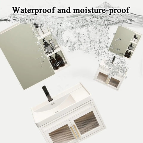 Slick Wall Mounted Bathroom Sink Combo, ceramic basin with white corner vanity, swing mirror cabinet, 60x44x50cm.