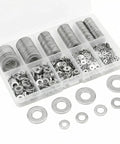 Rock Solid 304 Stainless Steel Flat Washers Heavy Duty Assorted Metric Hardware Kit With M2 Through M10 Sizes Rust Resistant Screws And Bolts Built Toughest For Industrial Work And Garage Projects That Never Quit in a storage box.