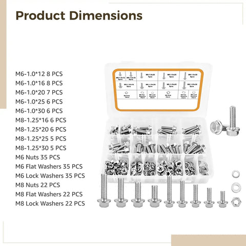 228-Piece Hex Bolts Set With M6 M8 Stainless Steel Hardware Kit with organized storage case showing bolts, nuts, washers.