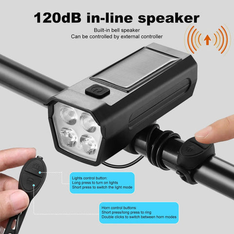 Dope 300 Lumen USB Rechargeable Bike Lights with 120dB horn and solar panel on handlebars