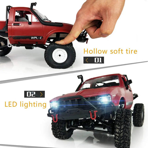 Off Road RC Truck One Sixteen Scale Beast with Proportional Steering, showing tire flexibility and LED lighting, red