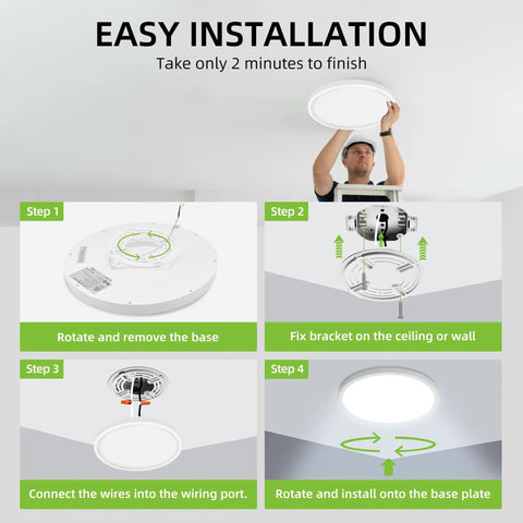 Easy installation steps for 2 Pack 12 Inch LED Round Flat Panel Light With 3 CCT Selectable Color Temperature 3000K 4000K 5000K 24W Edge Lit Flush Mount Ceiling Fixture For Kitchen, Bedroom, Laundry, And Closet White.