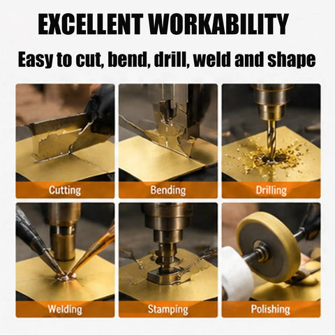 Collage showing Dope Brass Sheets Set 10Pcs Thin Plates in cutting, bending, drilling, welding, stamping, and polishing.