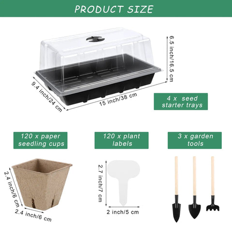 4 Pack Seed Starter Tray Kit With 120 Square Peat Pots, 120 Plant Labels, And 3 Garden Tools, Plastic Germination Trays With Lids For Indoor Outdoor Seedlings Black