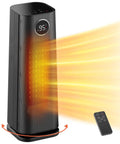 Indoor 1500W Ceramic Space Heater With Thermostat, showing LED display, heating effect, and remote control, standing 16 inches tall