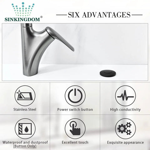 Garbage Disposal SinkTop Air Switch Kit With Matte Black Button and Stainless Steel Button showcasing six features