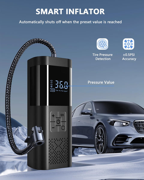 Portable Tire Inflator Air Compressor 150 PSI Cordless On The Go With Digital Pressure Gauge Auto Shut Off Type C Charging