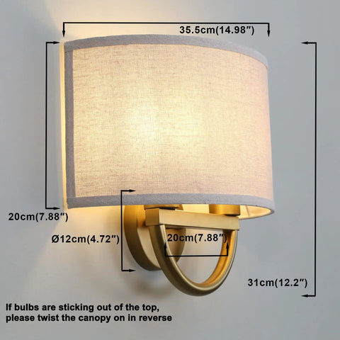 Linen Boho Aged Brass Wall Sconce With Two Light Indoor Vanity Lamp Dope Vintage Metal Base And Semicircle Shade lit up