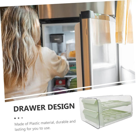 Multi Layer Plastic Egg Cartons That Serve As A Brilliant Fridge Staple keeping eggs organized in a fridge with a sleek drawer design.