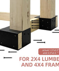 Heavy Duty 3 Way Corner Brackets Set For DIY Workbench And Work Table Fits 4x4 And 2x4 Lumber Right Angle Corner Brackets With Pre Drilled Holes Easy Install Black Great For Garage Shop And Home Projects, showing two black steel brackets with screws attaching wooden beams, close-up view.