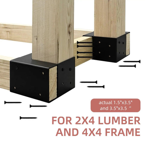 Heavy Duty 3 Way Corner Brackets Set For DIY Workbench And Work Table Fits 4x4 And 2x4 Lumber Right Angle Corner Brackets With Pre Drilled Holes Easy Install Black Great For Garage Shop And Home Projects, showing two black steel brackets with screws attaching wooden beams, close-up view.