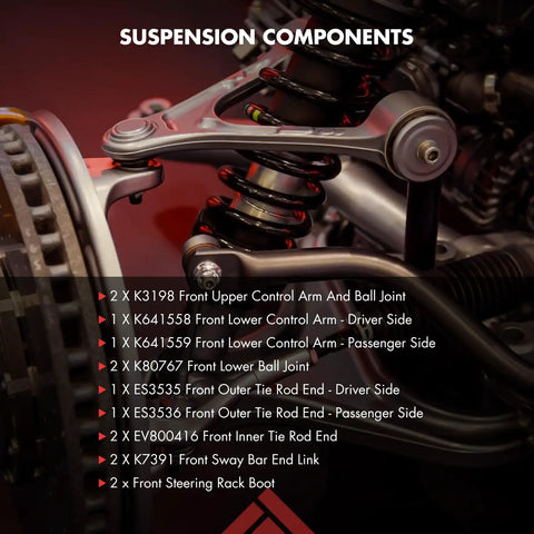 14 Piece Front Suspension Kit For Jeep Liberty 2006 2007 Beefed Up Ride With Upper And Lower Control Arms Ball Joints Inner Outer Tie Rod Ends Sway Bar End Links And Hardware Replacement Set, shown in close-up