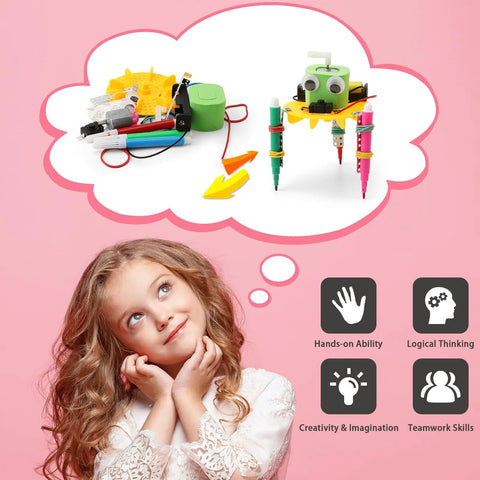 Child dreaming of Interactive Robot Building Kit for Kids Ages 8-12, Hands-On STEM Toys With Bubble Machine, Doodling Robot.