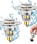 Universal Stainless Steel Bathroom Sink Stopper With Pop Up Drain Plug And Hair Catcher No Fuss Easy Install Chrome Finish Fits 1.02 To 1.65 Inch Drains Push Type Basin Strainer Hair Trap 2 Pack, showing two stoppers with water splash and hand.