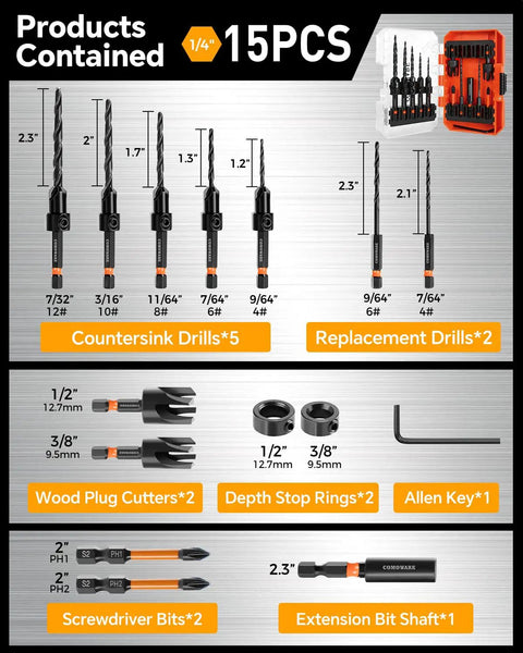 All In One Countersink Drill Bit Set For Woodworking By Comoware, 15-Piece Set with 2 wood plug cutters and storage case overview.