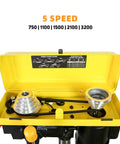 Interior of 8 Inch Drill Press With Laser Guide, 2.3 Amp 5 Speed Bench Drill Press showing speed settings and mechanical components