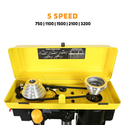 Interior of 8 Inch Drill Press With Laser Guide, 2.3 Amp 5 Speed Bench Drill Press showing speed settings and mechanical components