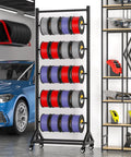 Badass Heavy Duty Steel Storage Rack Built Different For Garage Organization Setup showing vinyl rolls in various colors on a wheeled frame.