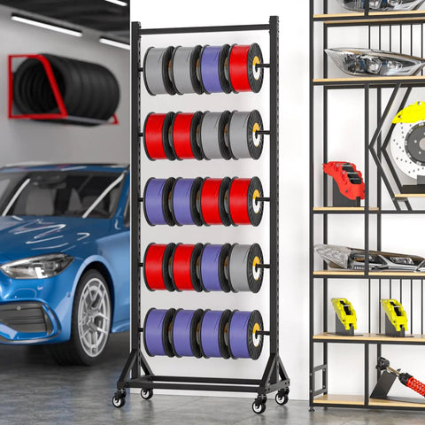 Badass Heavy Duty Steel Storage Rack Built Different For Garage Organization Setup showing vinyl rolls in various colors on a wheeled frame.