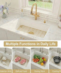 Gold stainless steel sink grid in undermount kitchen sink, showing protection, defrost, drying, and cooling functions.