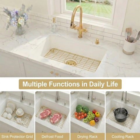 Gold stainless steel sink grid in undermount kitchen sink, showing protection, defrost, drying, and cooling functions.