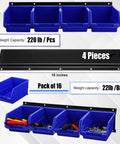 Wall Mounted Plastic Storage Bins Set With 16 Bins And 4 Rails For Screws Nuts Bolts Nails And Small Hardware In A Garage Tool Organizer Durable Stackable And Rust Proof Blue showing blue bins, weight capacity, and dimensions.