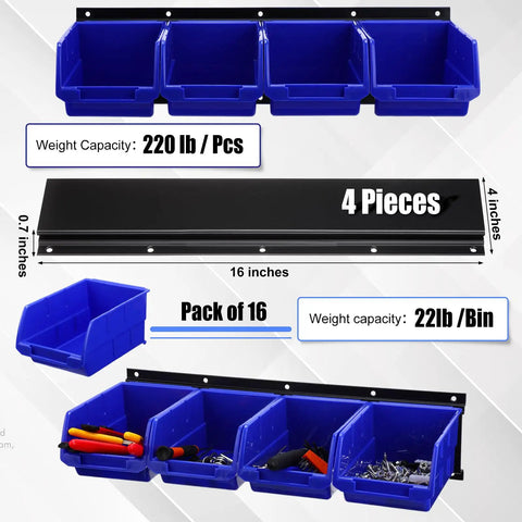 Wall Mounted Plastic Storage Bins Set With 16 Bins And 4 Rails For Screws Nuts Bolts Nails And Small Hardware In A Garage Tool Organizer Durable Stackable And Rust Proof Blue showing blue bins, weight capacity, and dimensions.