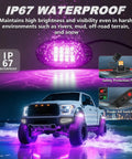 8 Pods RGB LED Rock Lights Kit for Jeep, Trucks, ATV, UTV, RZR, SUV and Golf Carts shown with purple glow on truck