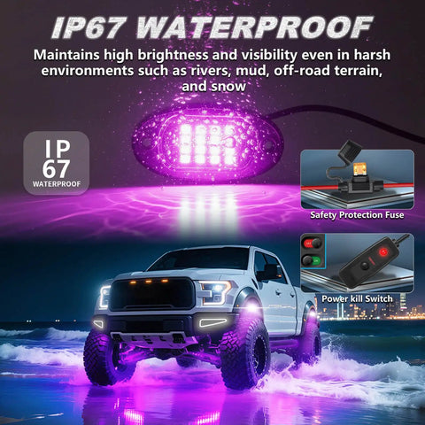 8 Pods RGB LED Rock Lights Kit for Jeep, Trucks, ATV, UTV, RZR, SUV and Golf Carts shown with purple glow on truck