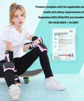 Child wearing 6 In 1 Protective Gear Set For Inline Skating Skateboarding Scooters And BMX Knee Pads Elbow Pads Wrist Guards sitting on skateboard.