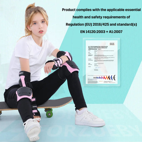 Child wearing 6 In 1 Protective Gear Set For Inline Skating Skateboarding Scooters And BMX Knee Pads Elbow Pads Wrist Guards sitting on skateboard.
