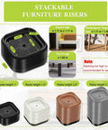 Eight Pack Heavy Duty Furniture Risers Featuring Rock Solid Nonslip Rubber Bottoms And Thick Reinforced Shells For Boosting Tables Desks Sofas Beds Couches Office Chairs Dorm Setup One To Three Inches Tall stackable riser shown in black with measurements for various leg sizes.