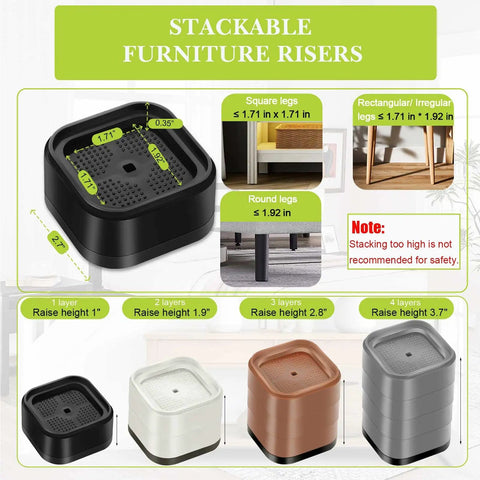 Eight Pack Heavy Duty Furniture Risers Featuring Rock Solid Nonslip Rubber Bottoms And Thick Reinforced Shells For Boosting Tables Desks Sofas Beds Couches Office Chairs Dorm Setup One To Three Inches Tall stackable riser shown in black with measurements for various leg sizes.
