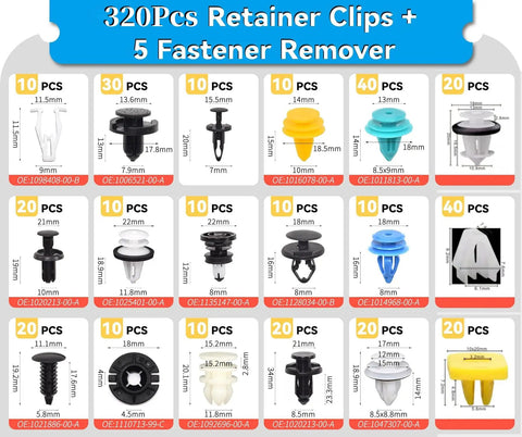 Tesla 325Pcs Push Retainer Clip Set With 18 Sizes for Model 3 Y S X, assorted clips and removal tool, exterior and interior use