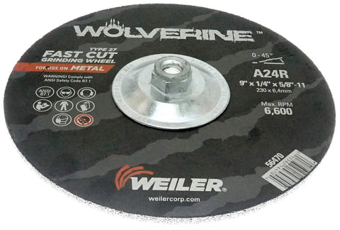 Close-up of Wolverine Type 27 Grinding Wheel with Beastly Fast Stock Removal Aggressive Cutting A24R, 9 inch size, black.